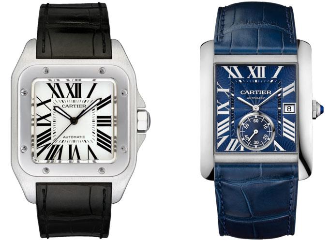 Cartier watch models: Santos 100(Left) and Tank MC (Right)